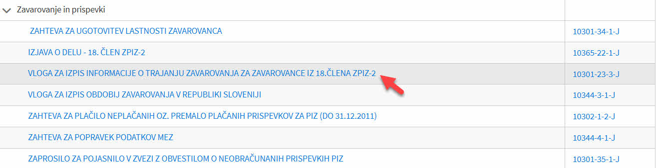 Prikaz, kje se nahaja zahtevek za ugotovitev pokojninske dobe![]()