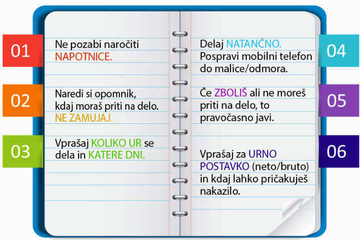 Odprt zvezek na katerem je navedenih 6 pravil za delo